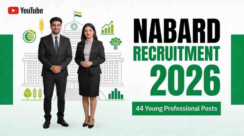 NABARD Recruitment 2026 thumbnail featuring 44 Young Professional vacancies, professionals in office attire, NABARD building, and agriculture icon