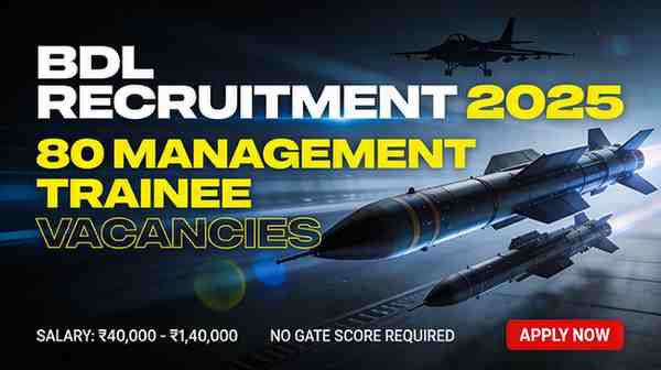 BDL Recruitment 2025 thumbnail with 80 Management Trainee vacancies, missile systems background, salary ₹40k-1.4L, apply now button for Bharat Dynamics Limited govt jobs