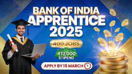 "Bank of India Apprentice Bharti 2025 thumbnail with 400 jobs across India, Rs 12000 monthly stipend, Maharashtra Mumbai Pune Nagpur vacancies"