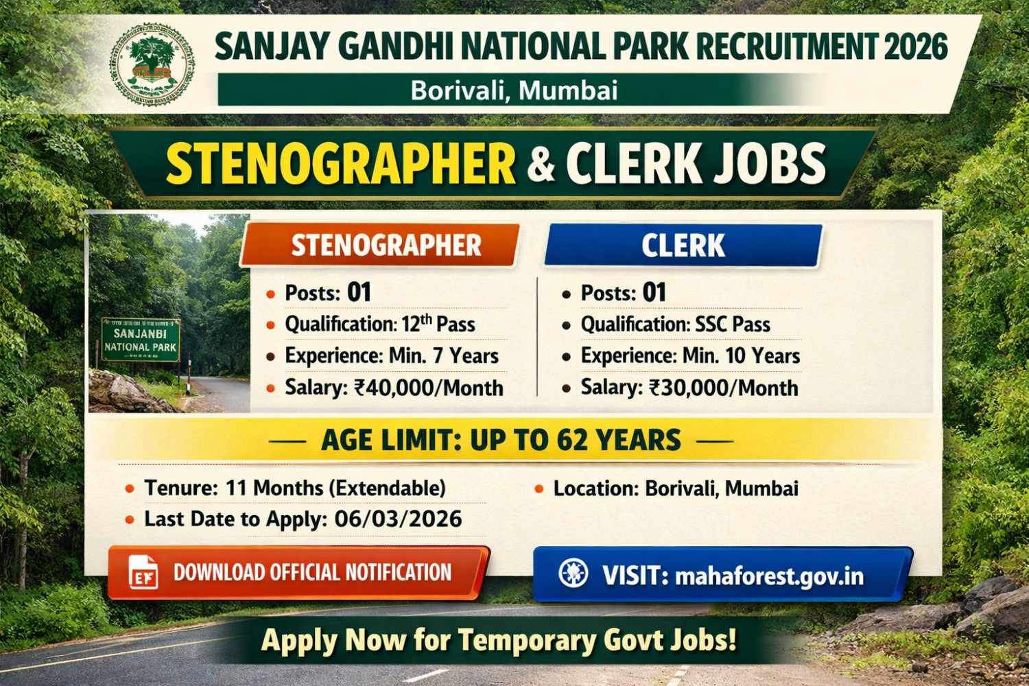 SGNP Recruitment 2026 Stenographer and Clerk Notification