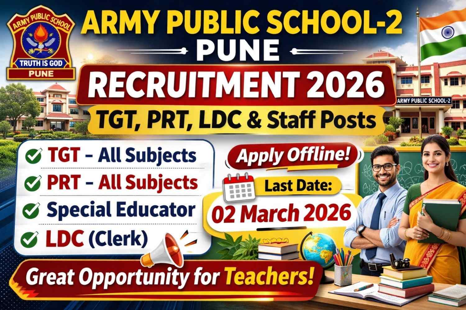 Army Public School-2 Pune Recruitment 2026 notification for TGT PRT LDC and Special Educator posts