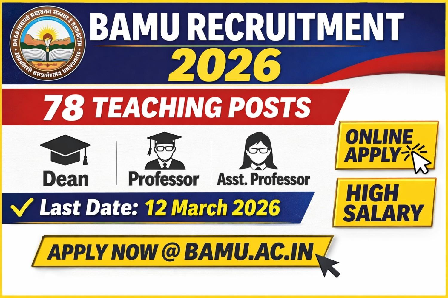 BAMU Recruitment 2026 Apply Online for 78 Dean Professor Assistant Professor Posts