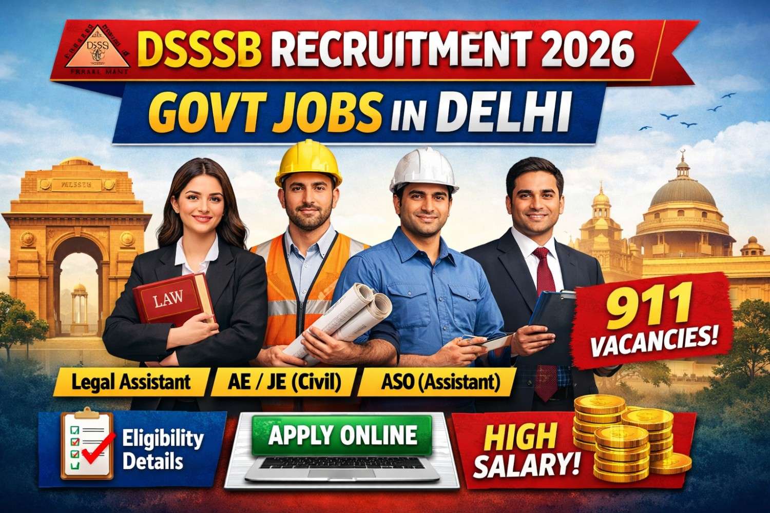 DSSSB Recruitment 2026 notification for Legal Assistant, AE Civil, JE Civil and ASO 911 vacancies Delhi Government Jobs