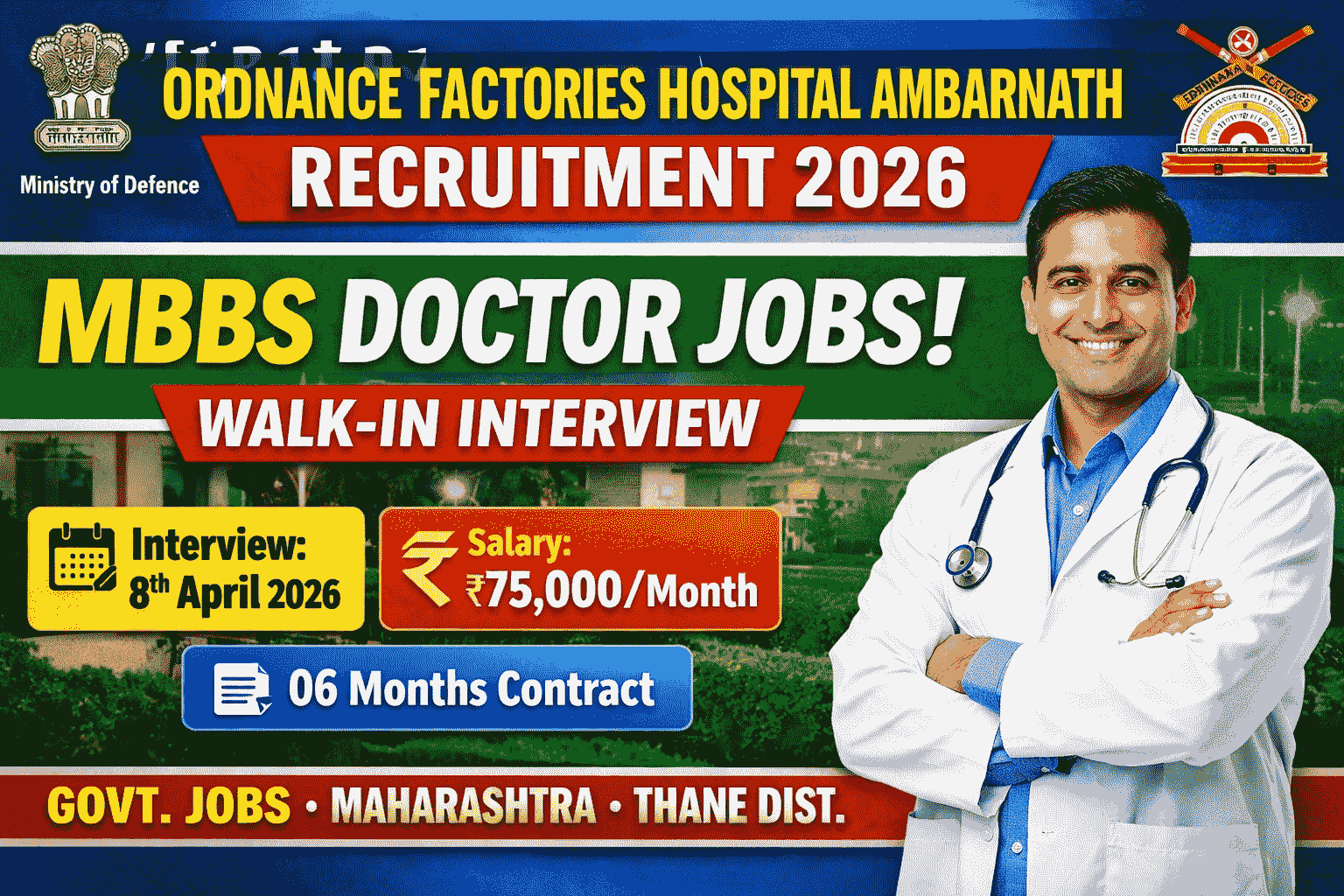 Ordnance Factories Hospital Ambarnath Recruitment 2026 MBBS Walk-in Interview
