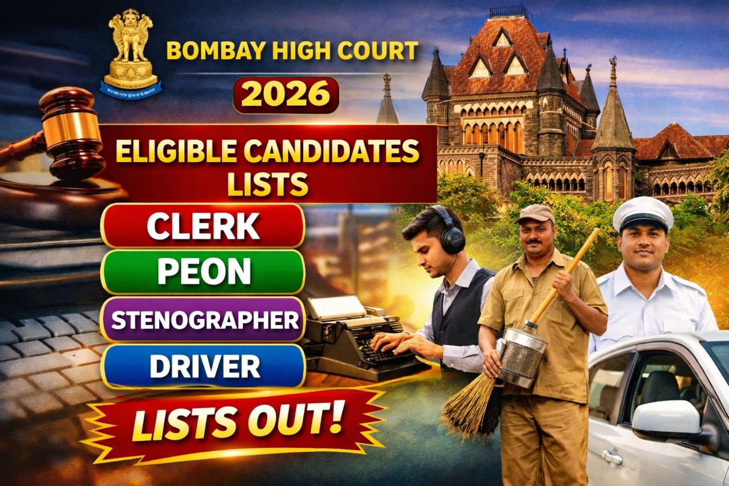 Bombay High Court Eligible Candidates List 2026 जाहीर – Clerk, Peon, Stenographer व Driver