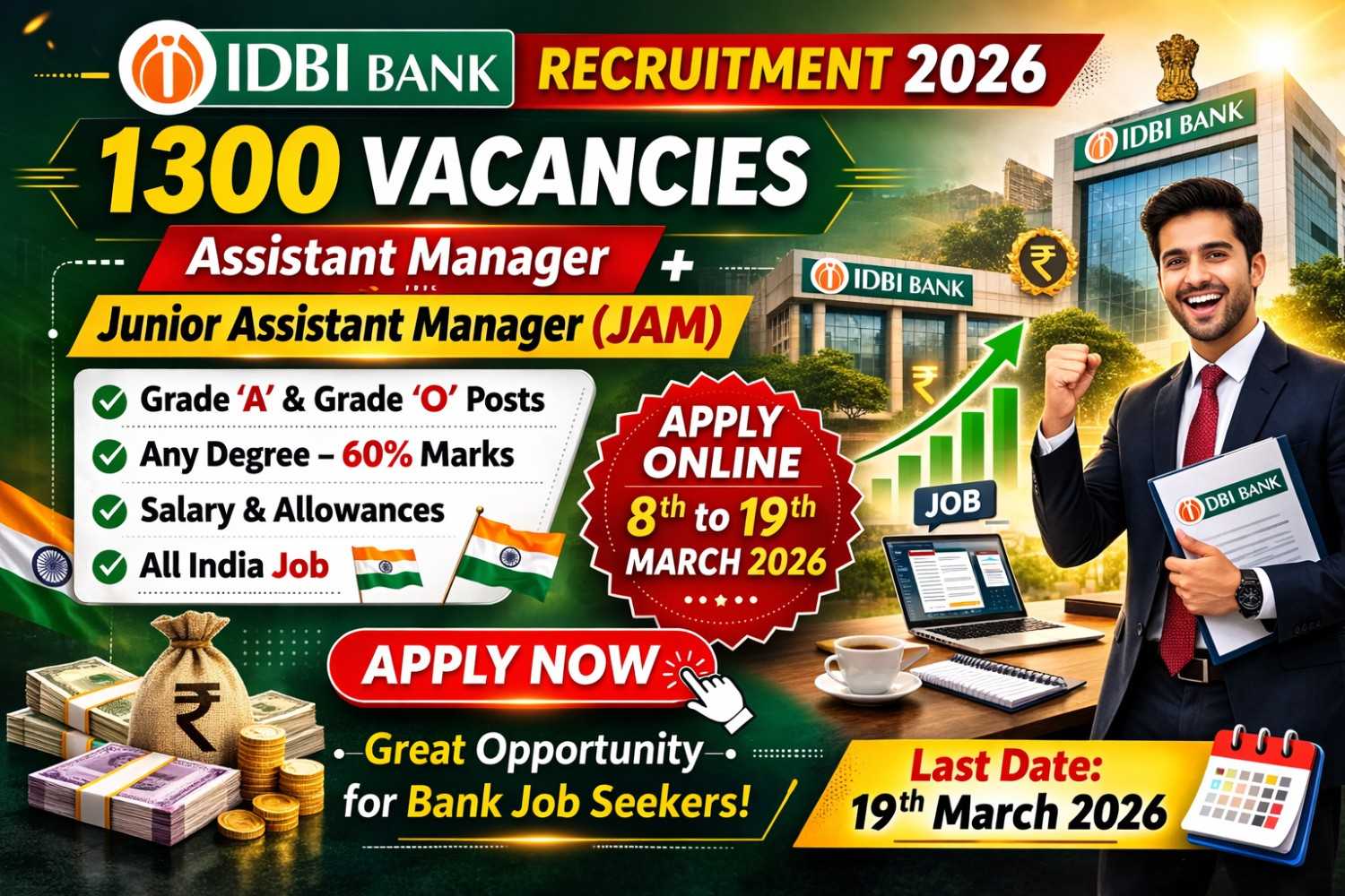 IDBI Bank Recruitment 2026 Apply Online for 1300 Assistant Manager and Junior Assistant Manager Posts