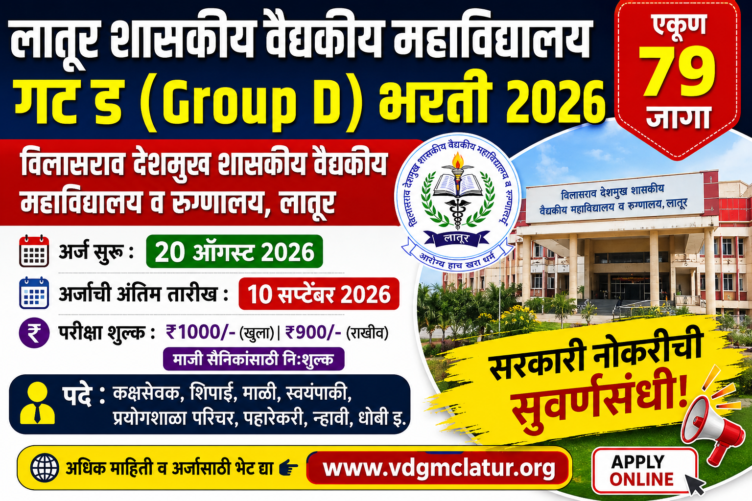 VDGMC Latur Group D Bharti 2026: लातूर शासकीय वैद्यकीय महाविद्यालयात 79 पदांची भरती